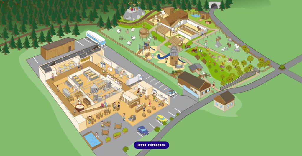 Ein detaillierter Lageplan der Erlebnissennerei Zillertal, der die verschiedenen Bereiche und Aktivitäten der Sennerei und des Erlebnisparks zeigt.