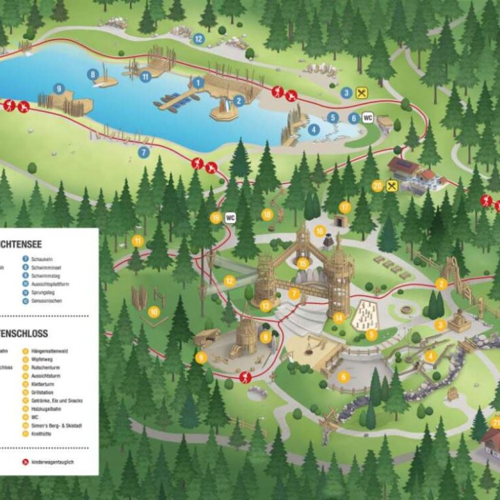 Illustrative Karte des Fichtensees und Fichtenschlosses mit allen Attraktionen und Wegen, umgeben von dichten Wäldern.